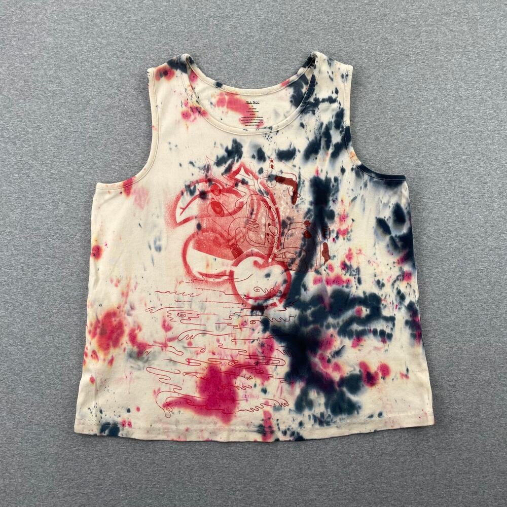 Studio Works Tie-Dye Cherry Grafiti Print Tank Top Womens 1X Cream Red Blue